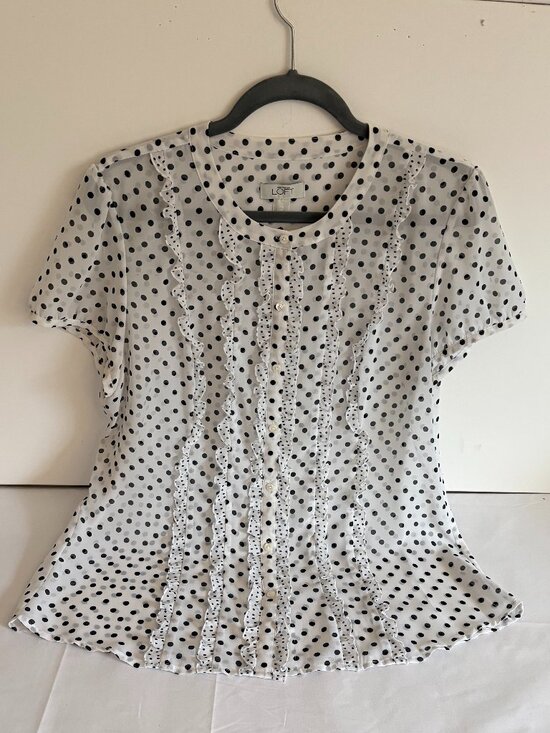 LOFT Tops - Loft White and Black Polka Dot Sheer Button-Front Ruffle Trim Blouse/Top Size 14